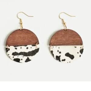 Wood & Cow Print Round Hinged Dangle Drop Earrings
